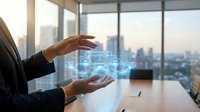 Businessman hands protecting digital data hologram in modern office with city skyline view. Cybersecurity and information technology concept for business.