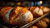 Freshly baked artisan sourdough bread loaves with golden crust on wooden tray in warm bakery setting for culinary and food photography projects.