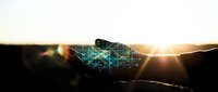 Hands holding glowing digital network mesh against sunset sky, representing data connection, technology innovation, and global communication for business and digital transformation concepts.