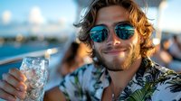 Young man with curly hair and sunglasses enjoying cocktail on luxury yacht deck during golden hour sunset cruise vacation lifestyle.