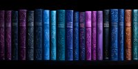 Row of ornate leather-bound books in shades of blue and purple with gold embossed spines arranged on dark shelf, creating mystical library atmosphere.