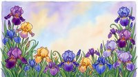 Watercolor iris flowers in purple, blue, and yellow tones arranged in a garden border with soft pastel sky background, suitable for spring designs and botanical illustrations.
