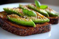 Fresh sliced avocado on toasted dark bread garnished with sesame seeds and basil leaves, served on white plate. Close up view of healthy breakfast.
