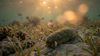 Underwater marine ecosystem with sea cucumber on sandy ocean floor surrounded by coral formations and aquatic plants in natural habitat.