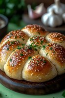 Freshly baked pull-apart bread rolls with golden crust, topped with sesame seeds and chopped herbs, served on wooden board. Dark moody background with garlic.
