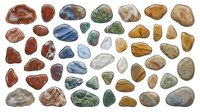 Polished stones and tumbled gemstones in various earth tones, browns, blues and greens isolated on white background. Suitable for jewelry design, mineral education, wellness product packaging and decorative craft projects.