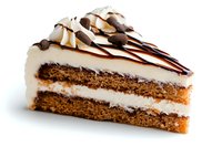 Slice of layered chocolate cake with vanilla cream filling and chocolate drizzle on top, photographed on white background. Isolated dessert for menu or bakery design.