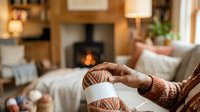 Mature woman holding warm mug near fireplace in cozy living room with comfortable seating and natural lighting for lifestyle and home comfort concepts.