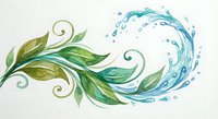 Watercolor green leaves and blue water splash flowing together in organic swirls on white background for natural design projects.