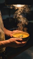 Male chef holding steaming bowl of golden soup with aromatic steam rising, wearing apron. Perfect for culinary, restaurant, cooking, and food service marketing materials.