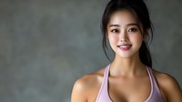 Young Asian woman in athletic wear smiling warmly at camera against gray background, radiating positivity and wellness during fitness workout session.