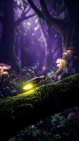 Glowing firefly on moss-covered log in enchanted purple forest with magical light rays and mushrooms creating mystical fairy tale atmosphere.