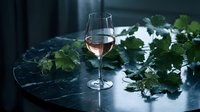 Glass of rosé wine on dark marble table with fresh green leaves creating elegant dining atmosphere for restaurant menu design.