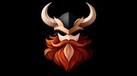 Fierce viking warrior head with horned helmet and red beard on black background, stylized mascot design for gaming and sports teams.