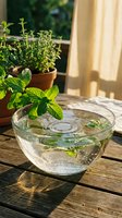 Fresh mint leaves floating in clear glass bowl on wooden deck with herb garden and warm sunlight creating peaceful outdoor kitchen atmosphere.