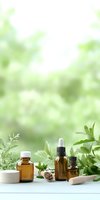 Natural medicine bottles with essential oils, herbs and botanical ingredients on light background with green foliage. Holistic wellness concept.