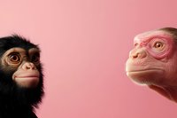Contrasting portrait of black chimpanzee and pink hairless ape faces against pink background, showing expressive primate features and emotional connection between species.