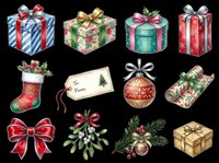 Festive gift boxes and holiday decorations isolated on transparent background, ready for t-shirt designs, stickers, clipart, print-on-demand products and sublimation projects.