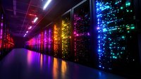Futuristic data center corridor with colorful LED lights illuminating server racks, creating rainbow reflections on polished floor. Modern technology infrastructure glows in dark.