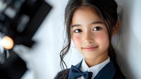 Young Asian woman in formal business attire with navy blue blazer and bow tie smiling warmly at camera against blurred office background. Professional corporate portrait.