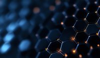 Molecular structure of graphene with glowing connections on dark blue background, illustrating nanotechnology and carbon atomic bonds in science.