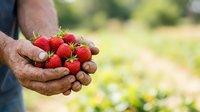 Farmer's hands holding fresh ripe strawberries in agricultural field during harvest season. Organic fruit farming and sustainable agriculture concept.