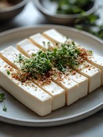 Fresh tofu slices garnished with microgreens and spice powder on white ceramic plate, close-up view showing texture and presentation of Asian cuisine.