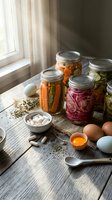 Homemade fermented vegetables in glass jars on rustic wooden table with eggs and spices for healthy gut nutrition and food preservation.