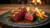 Grilled beef steak sliced medium rare with roasted vegetables and herbs on rustic plate. Perfect for restaurant menus, culinary blogs, and food advertising.