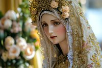 Young woman in ornate gold and cream lace veil with delicate pink roses and pearls adorning headdress, surrounded by soft peach rose blooms in ethereal portrait composition.