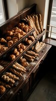 Fresh baked bread and pastries displayed in wooden bakery case with croissants, baguettes and artisan loaves ready for customers in warm morning light.