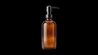 Amber glass pump dispenser bottle with black metal top, isolated on transparent background, ready for product mockups, stickers, and print on demand design use.
