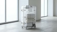 Transparent hard-shell carry-on suitcase filled with folded white towels, standing on polished concrete floor in minimalist bright interior.