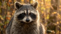 Adorable raccoon portrait with fluffy fur and distinctive facial markings in warm autumn forest setting with golden bokeh background for wildlife designs.