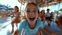 Joyful young girl laughing while riding on carousel at amusement park, motion blur effect captures excitement and movement, bright summer day atmosphere.