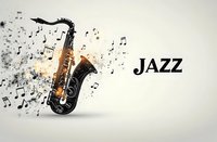 Saxophone with musical notes floating around and jazz text on light background, artistic composition for music festival posters and event promotion.