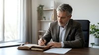Mature man with gray hair and beard, Caucasian ethnicity, wearing brown blazer and white shirt, writing in notebook at desk in bright office with plants and shelves, professional business setting.