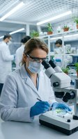 Female scientist in lab coat and safety glasses examining plant sample under microscope in modern research laboratory with colleagues working in background.
