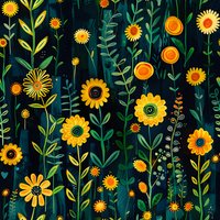 Cheerful yellow sunflowers and orange blooms with green leaves on dark background create seamless floral pattern for fabric, wallpaper and surface design.
