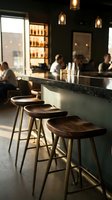 Modern bar counter with wooden stools, pendant lighting, and shelved bottles. Interior design for hospitality, restaurant, or lounge establishments showcasing contemporary seating and ambient atmosphere.