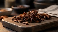 Star anise spices and cloves on wooden cutting board in warm kitchen setting for cooking and baking recipes.