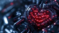 Glowing red heart-shaped LED display on futuristic circuit board with electronic components and wires for technology romance concepts.