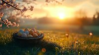 Fresh eggs in woven basket on spring grass at sunrise, with blooming cherry tree branches and golden sunlight creating dreamy bokeh effect in nature.