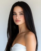 Young Hispanic woman with long dark hair and natural makeup wearing white strapless top against light background, looking at camera with confident expression.