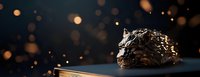 Decorative silver hedgehog figurine on book against dark background with magical bokeh lights, creating mystical atmosphere for home decor styling.