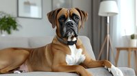 Fawn boxer dog with white chest lying on gray couch in modern living room interior. Natural window light highlights distinctive facial features and muscular build.