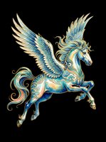 Ornate blue and gold pegasus with wings spread, isolated on transparent background, ready for stickers, t-shirt design, print on demand, and sublimation.