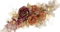 Watercolor roses in burgundy and peach tones with golden leaves on white background. Romantic floral arrangement for wedding invitations and greeting cards.