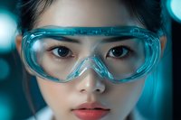 Young Asian female scientist wearing protective safety goggles in laboratory with blue toned lighting, close up portrait showing determination and confidence.