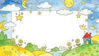 Colorful children frame with sun, moon, stars, clouds, house and birds on white background. Cartoon border for kids design, nursery decor and educational materials.